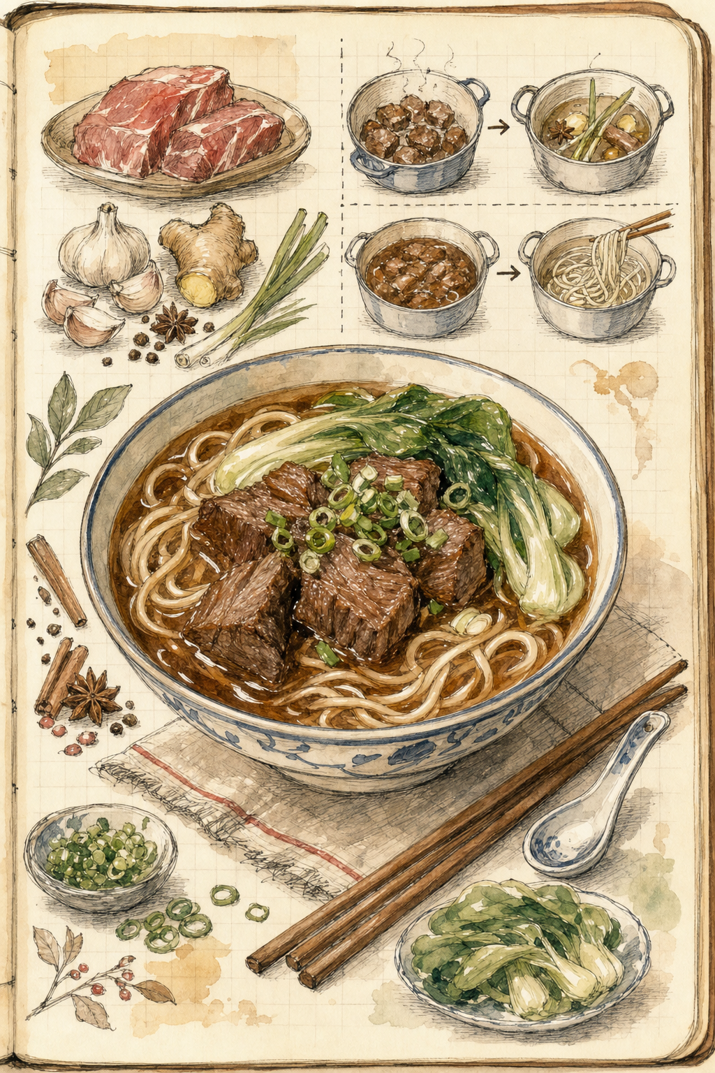 Hand-drawn recipe of braised beef noodle soup